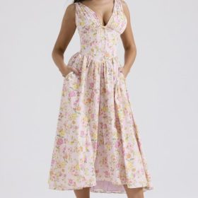 Emmelina Pink Meadow Print Cotton Corset Sundress - Image 8