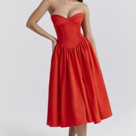 Elizabeth Italian Tomato Strapless Midi Sundress - Image 7