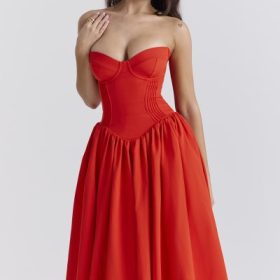 Elizabeth Italian Tomato Strapless Midi Sundress - Image 9