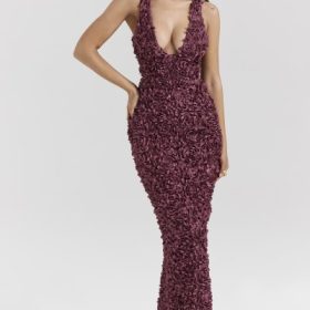 Carena Merlot Plunge Floral Appliqu?? Maxi Dress - Image 5