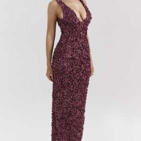 Carena Merlot Plunge Floral Appliqu?? Maxi Dress - Image 7
