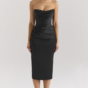 Santana Black Satin Strapless Midi Dress - Image 5