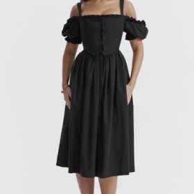 Silvana Black Puff Sleeve Midi Sundress - Image 7