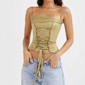 Letitia Olive Satin Lace Up Corset - Image 9