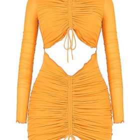 Jeanelle Orange Ruched Mesh Long Sleeve Cutout Mini Dress - Image 2