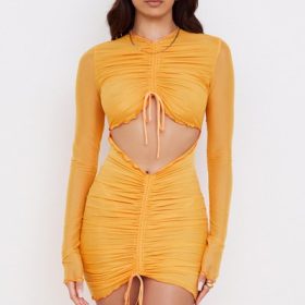 Jeanelle Orange Ruched Mesh Long Sleeve Cutout Mini Dress - Image 5