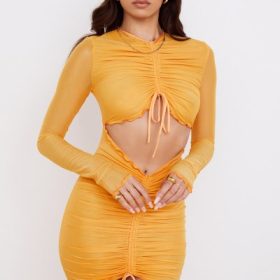 Jeanelle Orange Ruched Mesh Long Sleeve Cutout Mini Dress - Image 7