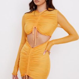 Jeanelle Orange Ruched Mesh Long Sleeve Cutout Mini Dress - Image 10