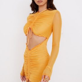 Jeanelle Orange Ruched Mesh Long Sleeve Cutout Mini Dress - Image 11