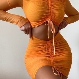 Jeanelle Orange Ruched Mesh Long Sleeve Cutout Mini Dress - Image 13